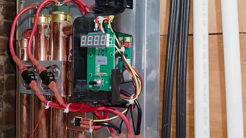 Inside an electric tankless water heater showing the control board and copper heating chambers